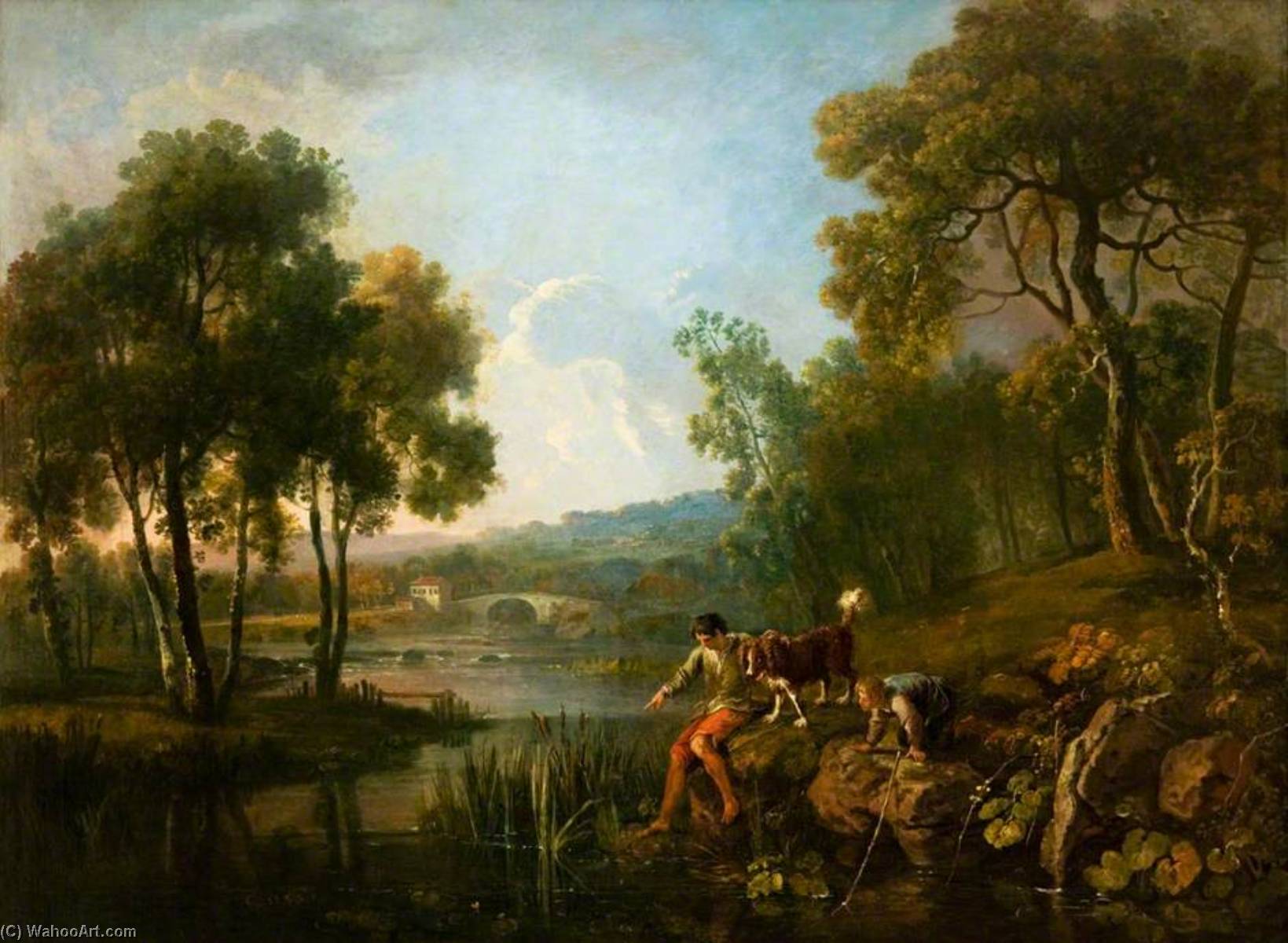 Landscape With Two Boys And A Dog By A River — George Barret The Elder
