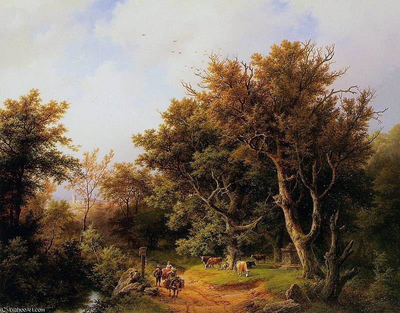 Forest Landscape With Cattle Sun — Hendrik Barend Koekkoek
