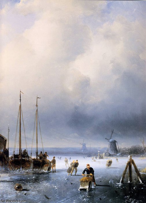 Winterlandscape With Frozen Ships Sun (detail) — Charles Henri Joseph Leickert
