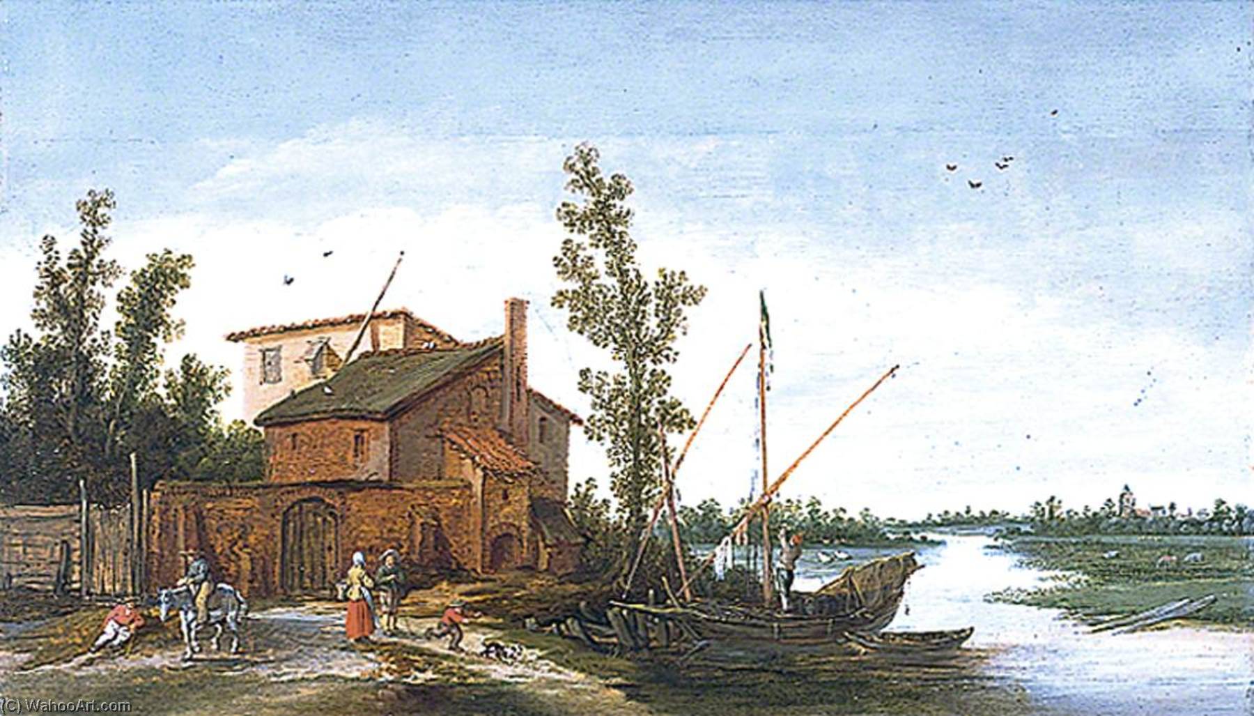 A Boat Moored Before A Walled Farm — Esaias Van De Velde I