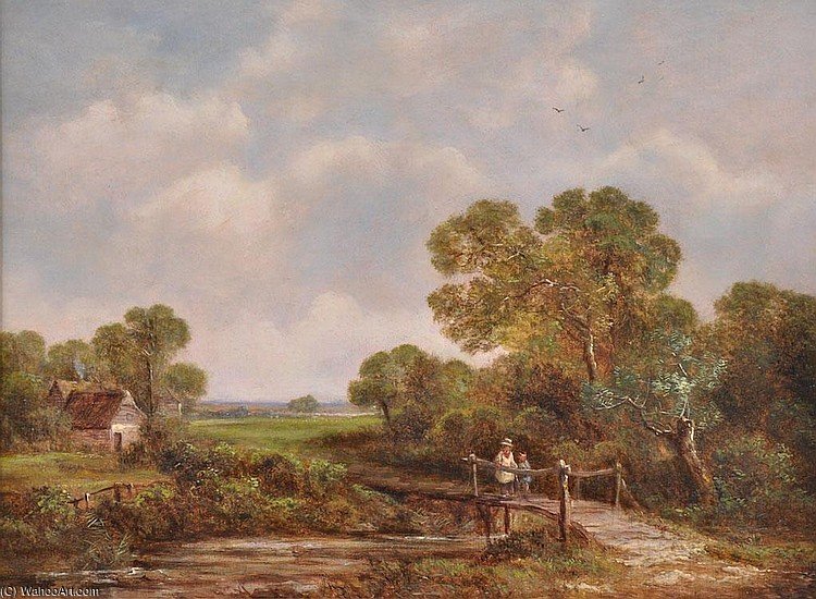 Landscape With Two Young Children Crossing A Rustic Wooden Bridge — Richard Hilder
