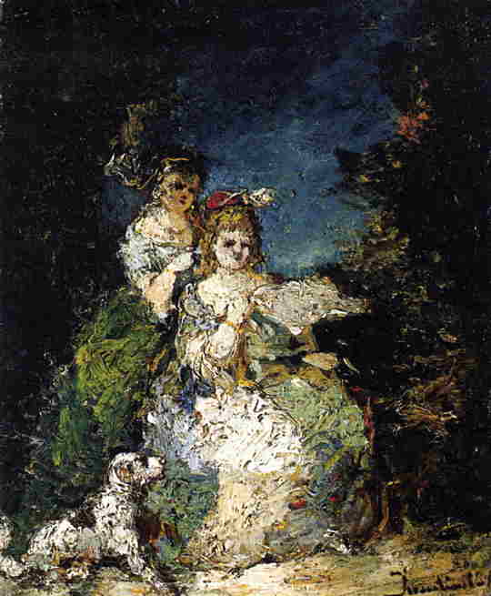 Young Girls And Dog In A Park — Adolphe Joseph Thomas Monticelli