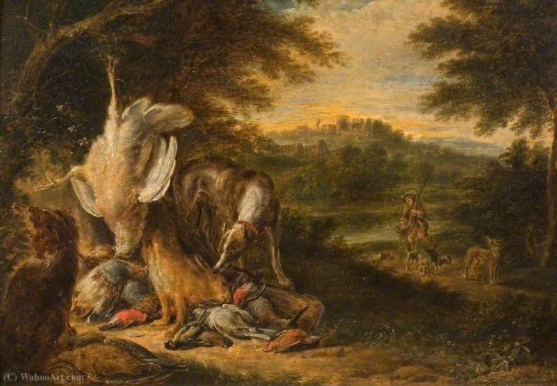 Landscape With Sportsman, Hunting Dogs And Dead Game — Adriaen De Gryef