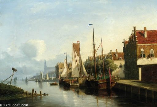 Sailingvessel Along A Quay, A Church Towering In The Distance — Nicolaas Riegen