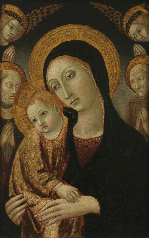 The Virgin And Child With Saints Jerome And Bernardin Of Siena, And Two Angels Above — Ansano Di Pietro Di Mencio