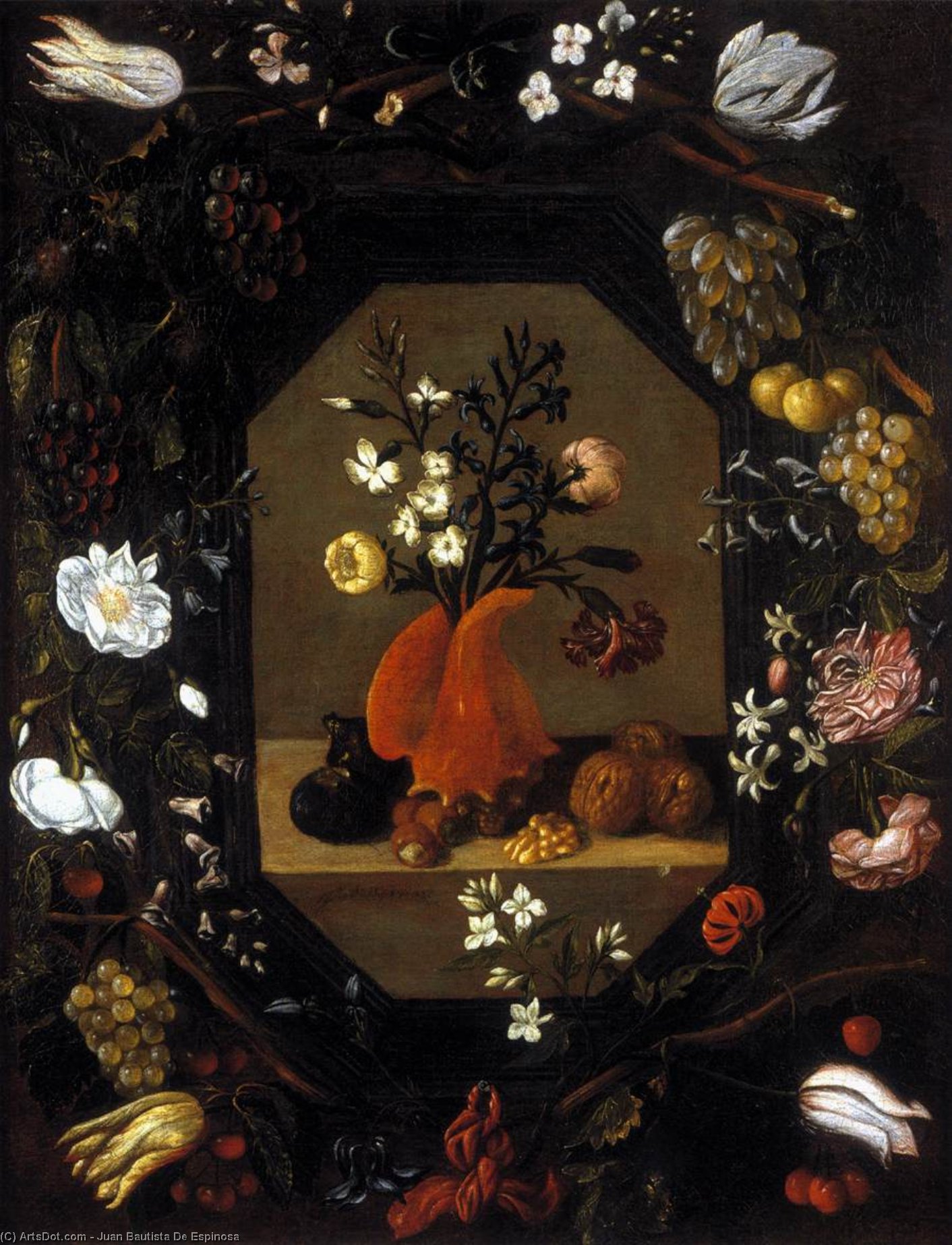 Still-life With Flowers With A Garland Of Fruit And Flowers — Juan Bautista De Espinosa