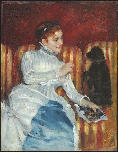 Woman On A Striped Sofa With A Dog — Mary Stevenson Cassatt