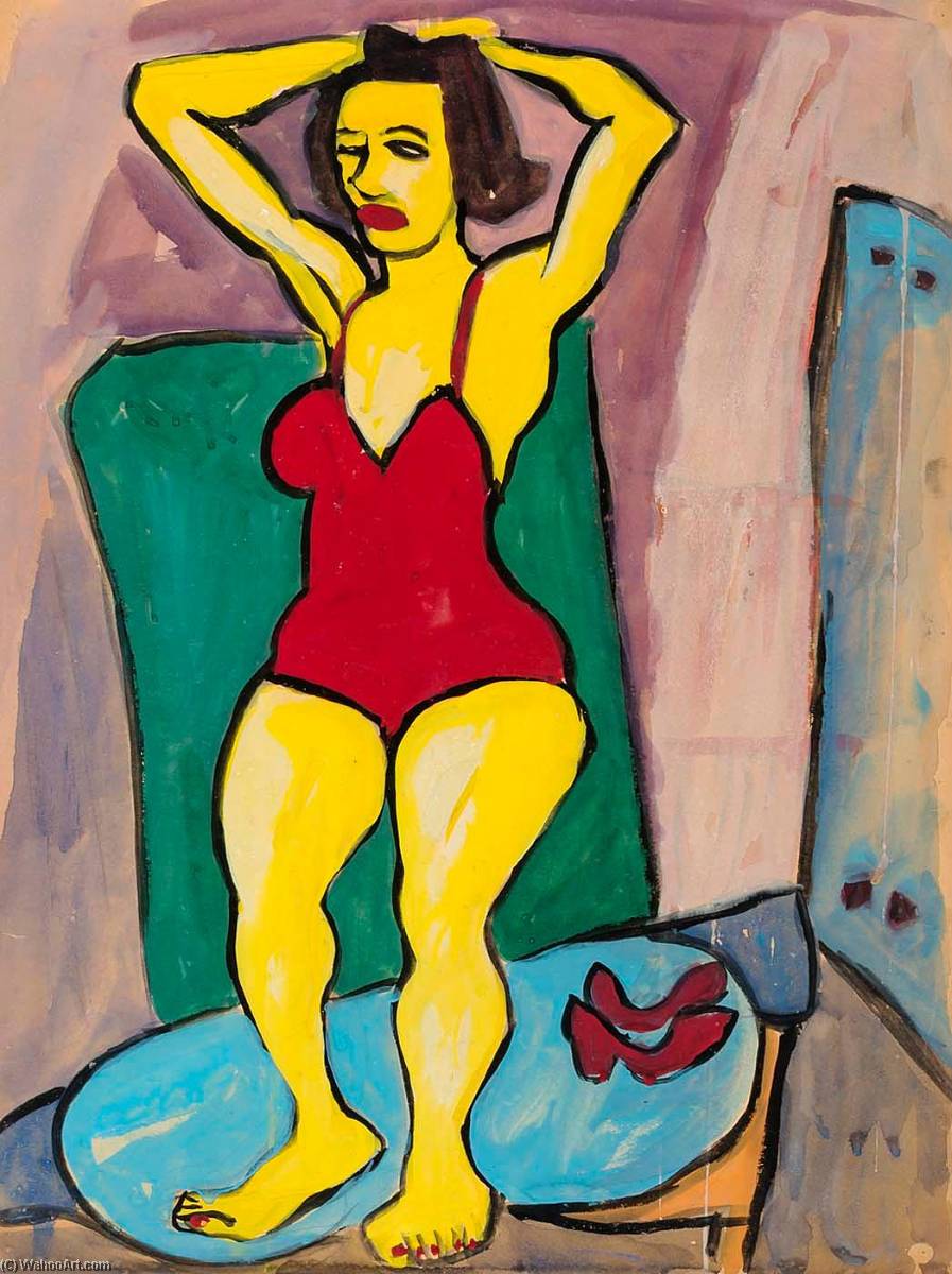 Standing Woman In Red Bathing Suit With Hands On Head — William H. Johnson