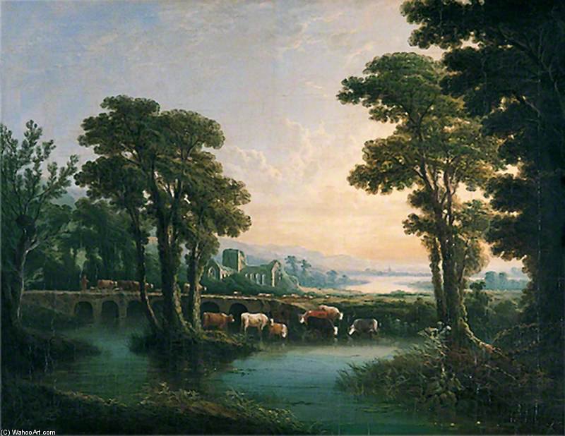 River With Cattle Drinking, A Ruined Church And A Bridge — Abraham Pether