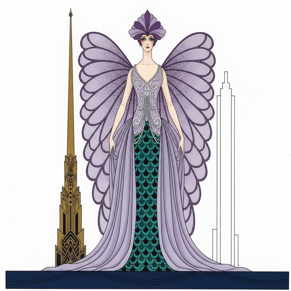Lavender Wings Amidst Gilded Spires And Teal Geometry — Valentin Laurent De Courcey