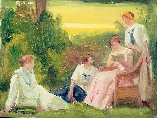 Lady Reading To Others In Garden, (painting) — アルバート・ヘンリー・クレブリエル