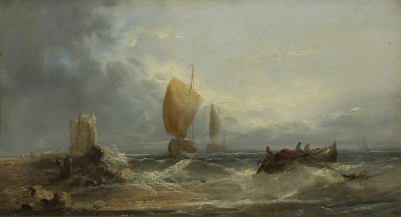 Stormy Seascape With Sailing Boats And A Rowing Boat Close To A Beach — William Henry Williamson