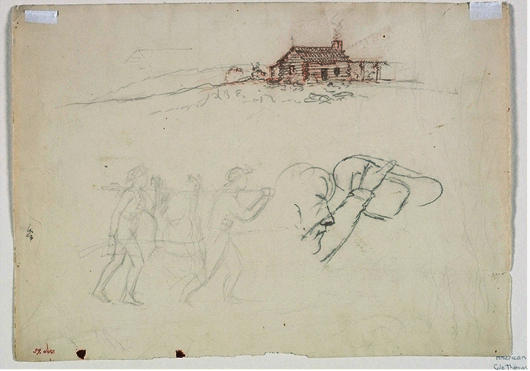 A Log Cabin, Huntsmen Carrying A Deer, And A Man Holding His Hat — Thomas Cole