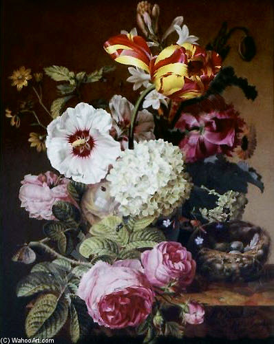 Still Life Flowers W Birds Nest — Jacques Barraband