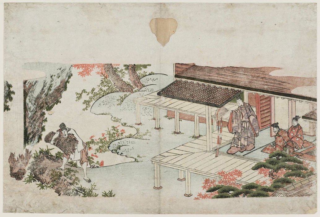 Nobleman Watching Servant Throw Bundles Of Faggots Into A Stream To Protect The Bank — Katsushika Hokusai