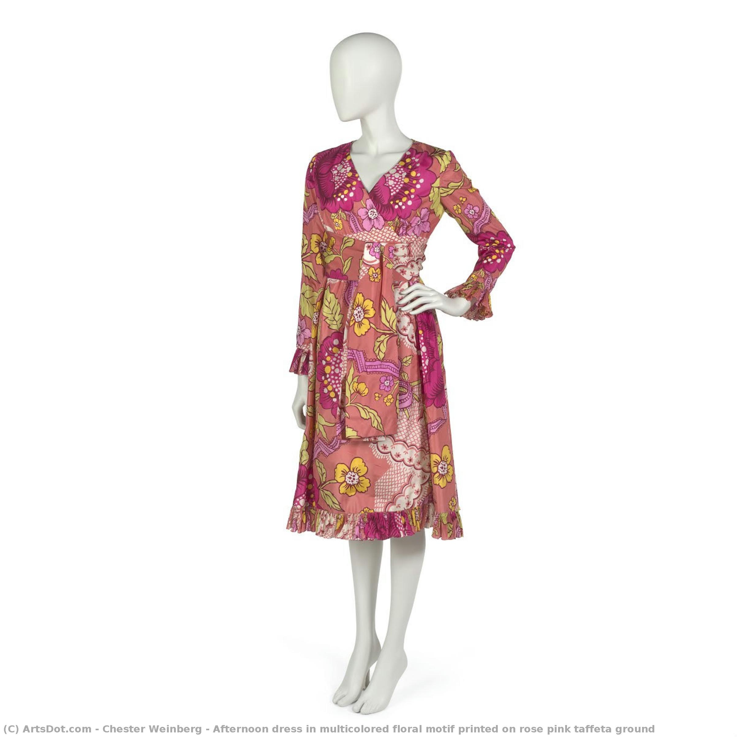 Afternoon Dress In Multicolored Floral Motif Printed On Rose Pink Taffeta Ground — Chester Weinberg
