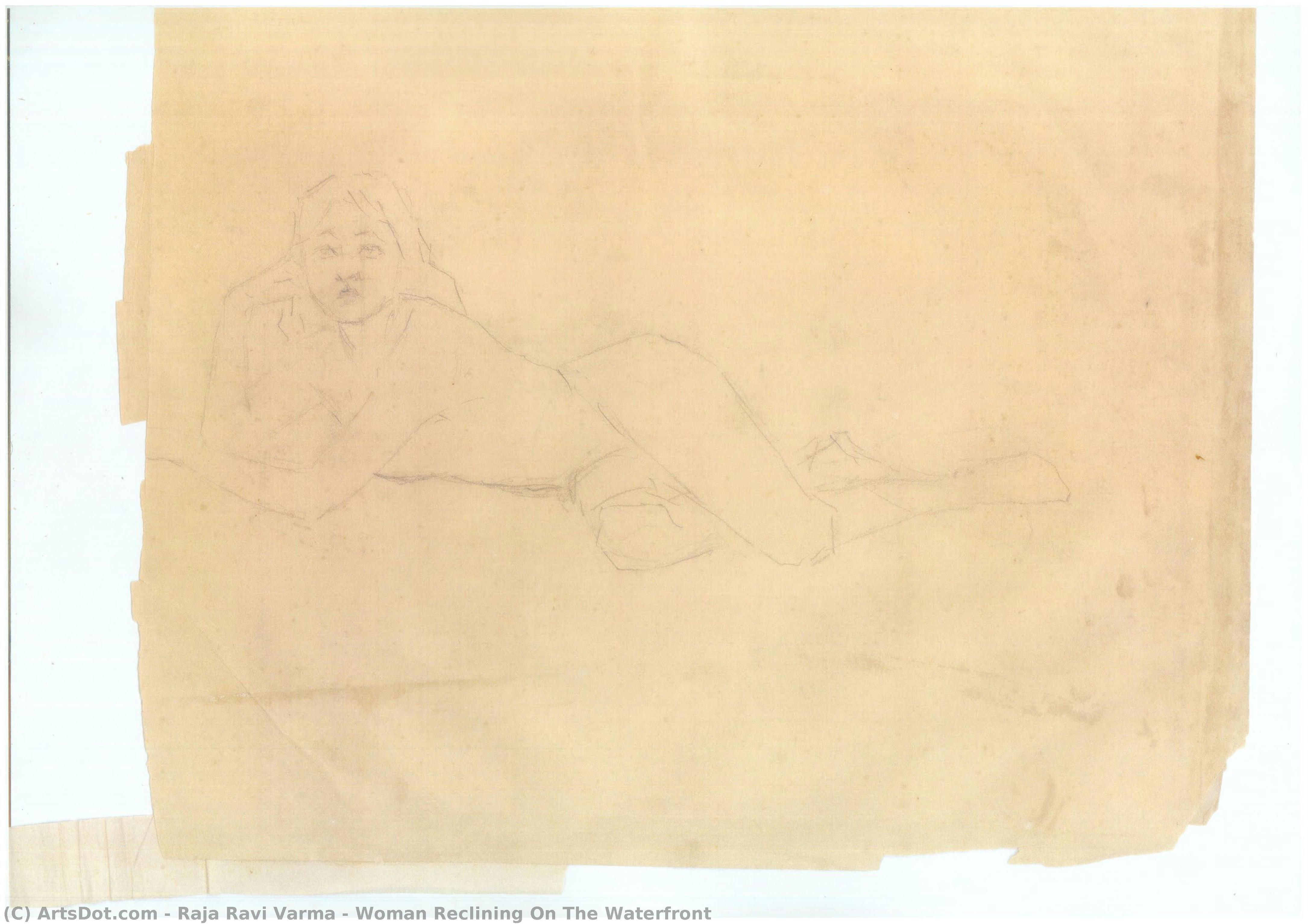 Woman Reclining On The Waterfront — Raja Ravi Varma