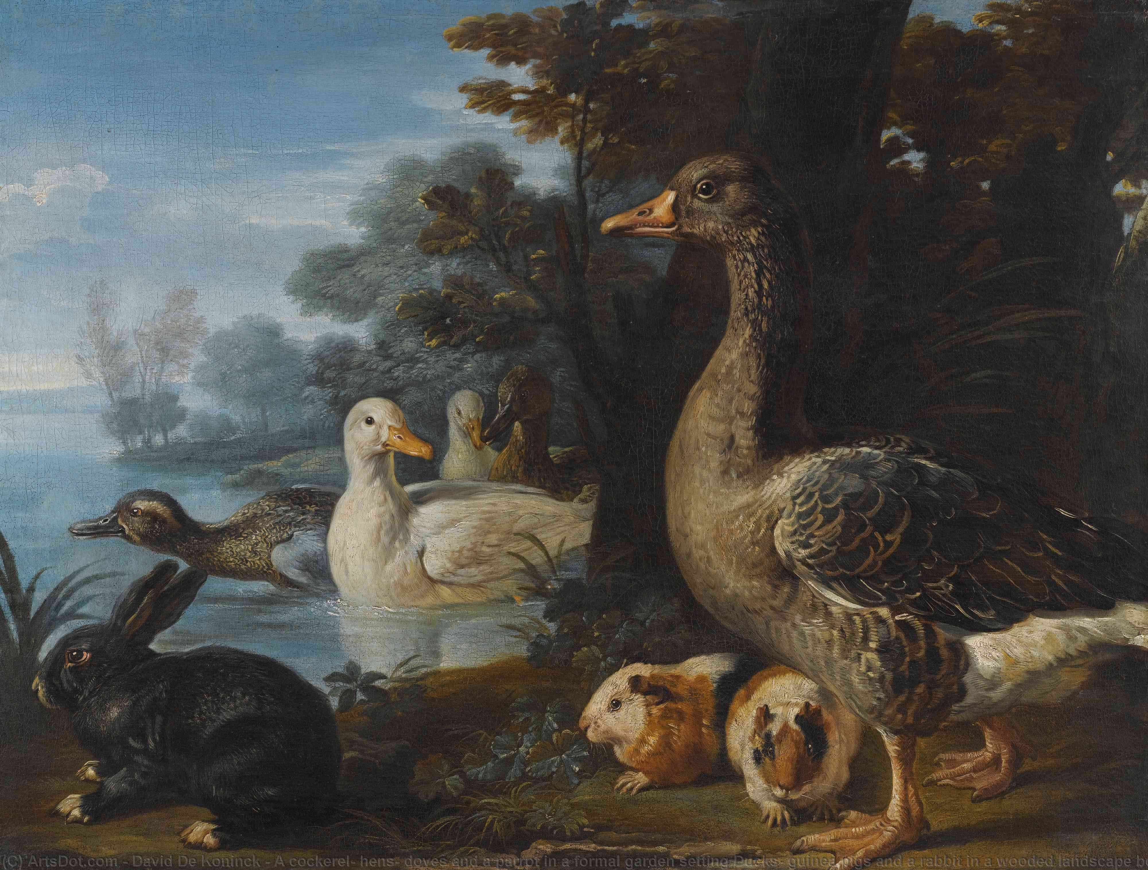 A Cockerel, Hens, Doves And A Parrot In A Formal Garden Setting Ducks, Guinea Pigs And A Rabbit In A Wooded Landscape Beside A Lake — David De Koninck