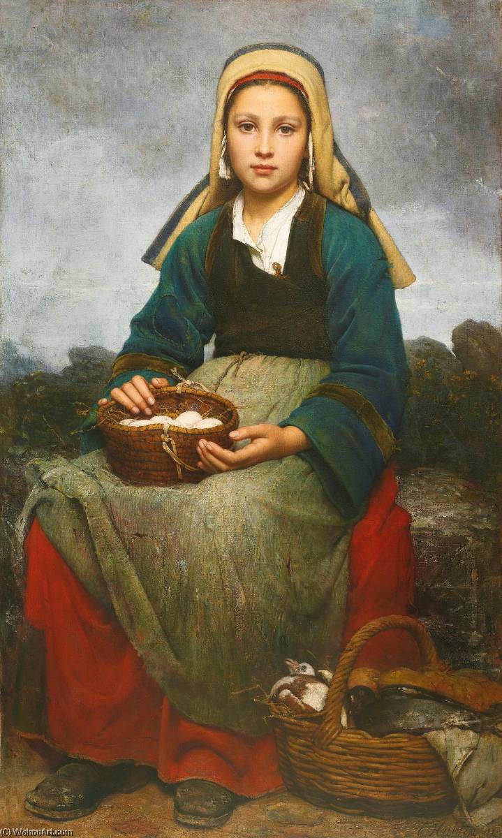 A Young Girl Holding A Basket Of Eggs — Emile Auguste Hublin