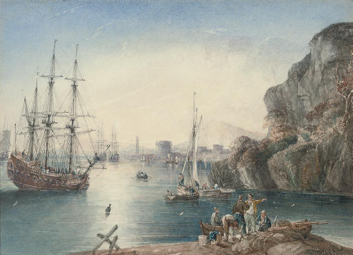 Warships Anchored Off The Italian Port Of Leghorn, With Fishermen Unloading Their Catch In The Foreground — Samuel Owen