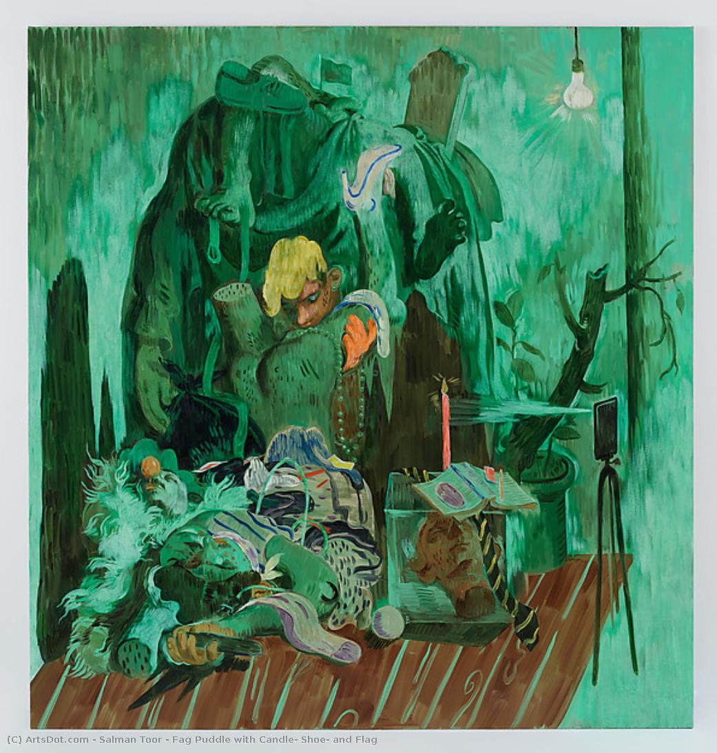 Fag Puddle With Candle, Shoe, And Flag — Salman Toor