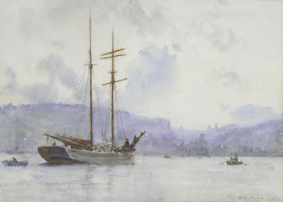 A Topsail Schooner Off A Port At Dusk — Henry Scott Tuke