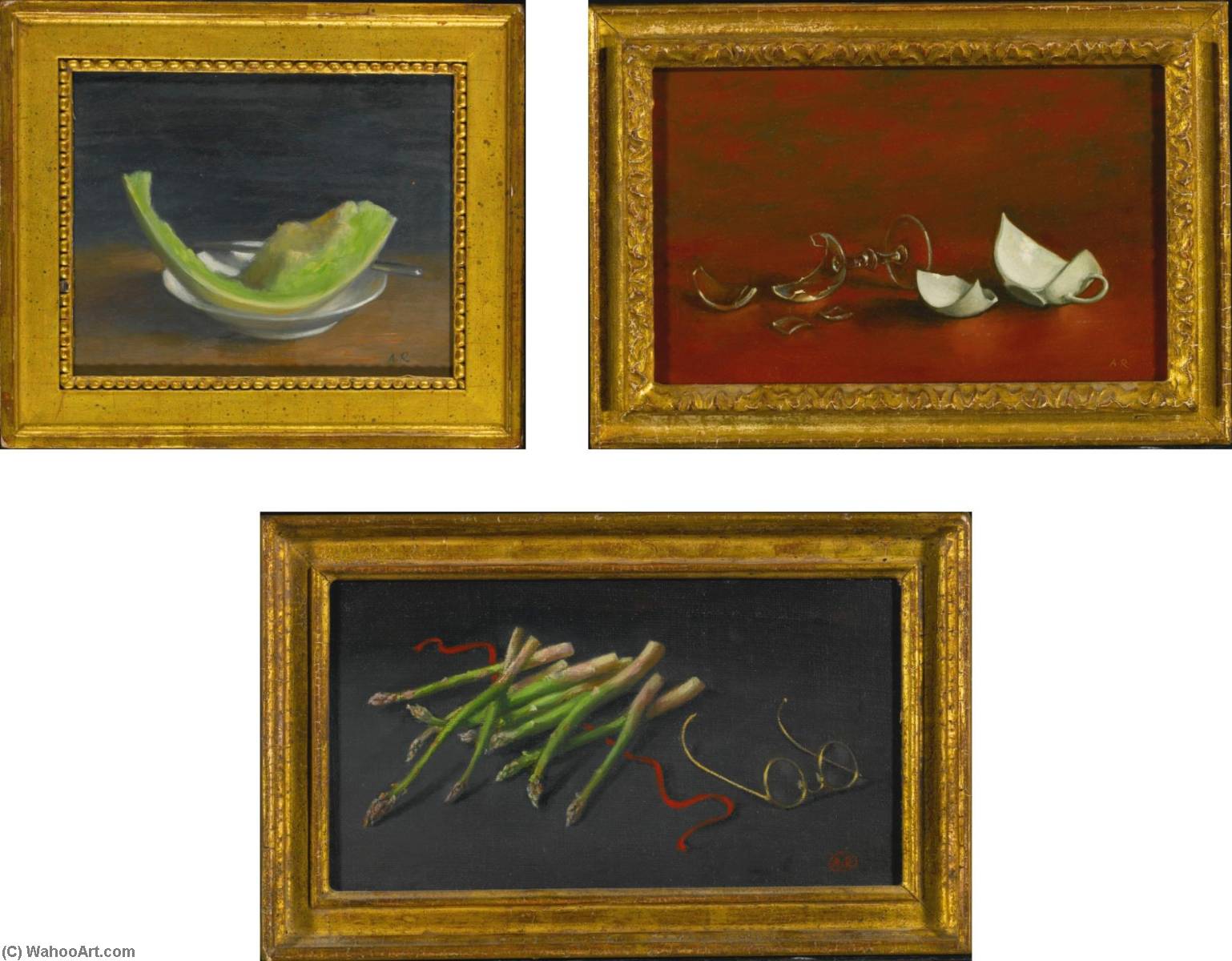 Melon, Asparagus And Glasses And Broken Wineglass And Cup Three Paintings — Alvin Ross