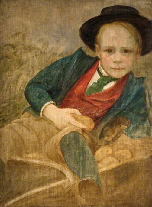 Study Of A Boy Sitting On A Wheelbarrow — Louisa Starr Canziani