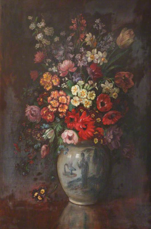 English Spring Flowers In A Blue And White Chinoiserie Vase On A Table — David Paton
