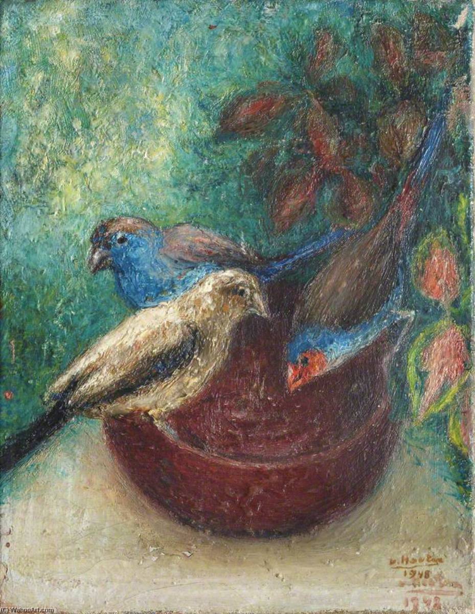 Three Garden Birds On A Red Bowl — Georges Van Houten