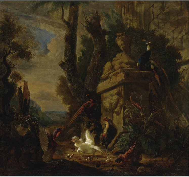 Still Life Of A Chicken, A Turkey, A Pheasant And A Goat In An Extensive Classical Landscape — Abraham Bisschop