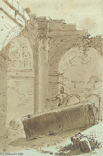 The Ruins Of A Building Classic With A Soldier Near A Shelter — Victor Jean Nicolle