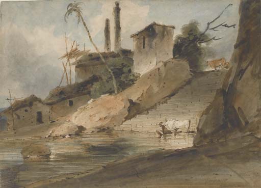 Une Figure Assise Avec Une Vache Au Bord D'un Réservoir — George Chinnery