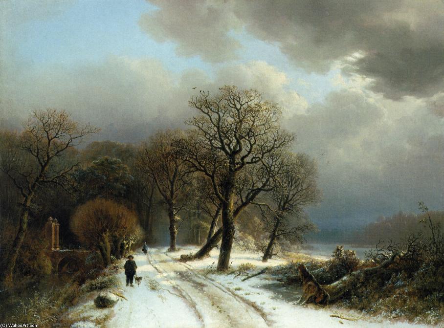 A Figure Walking His Dog On A Path In A Winter Landscape — Barend Cornelis Koekkoek
