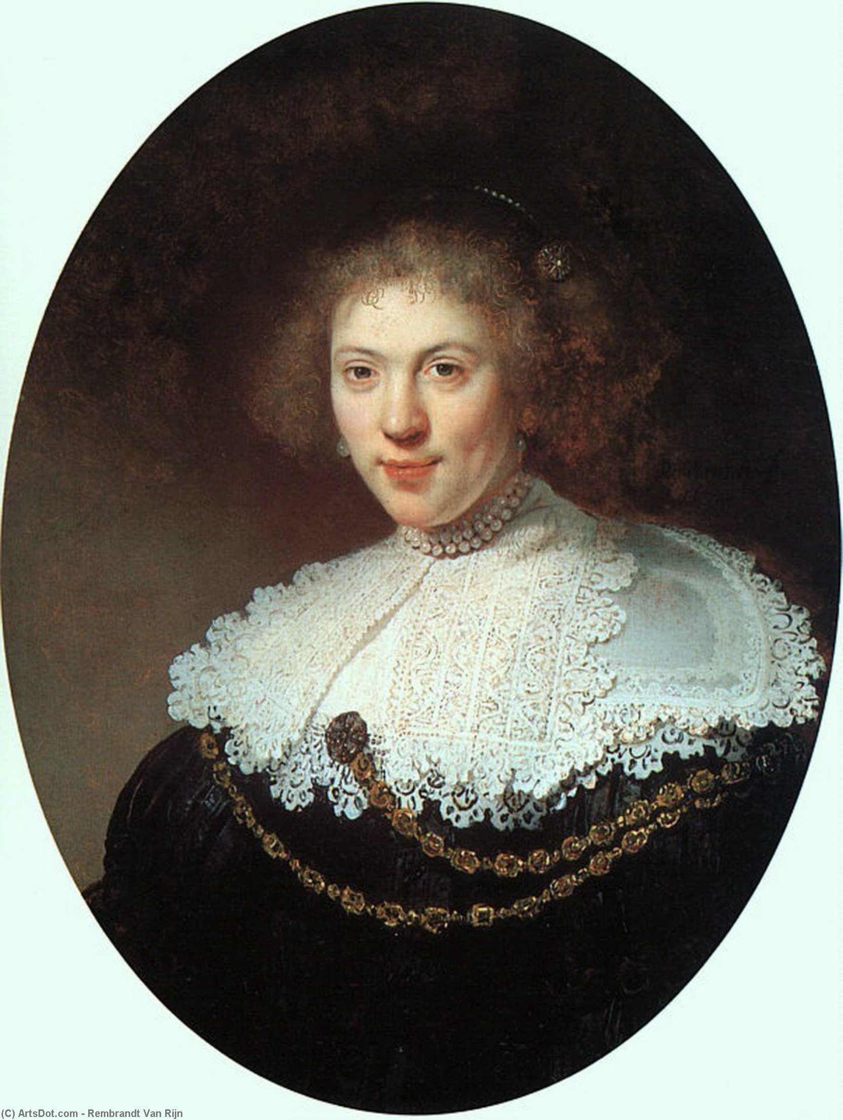 Woman Wearing A Gold Chain, Oil On Panel — Rembrandt Van Rijn