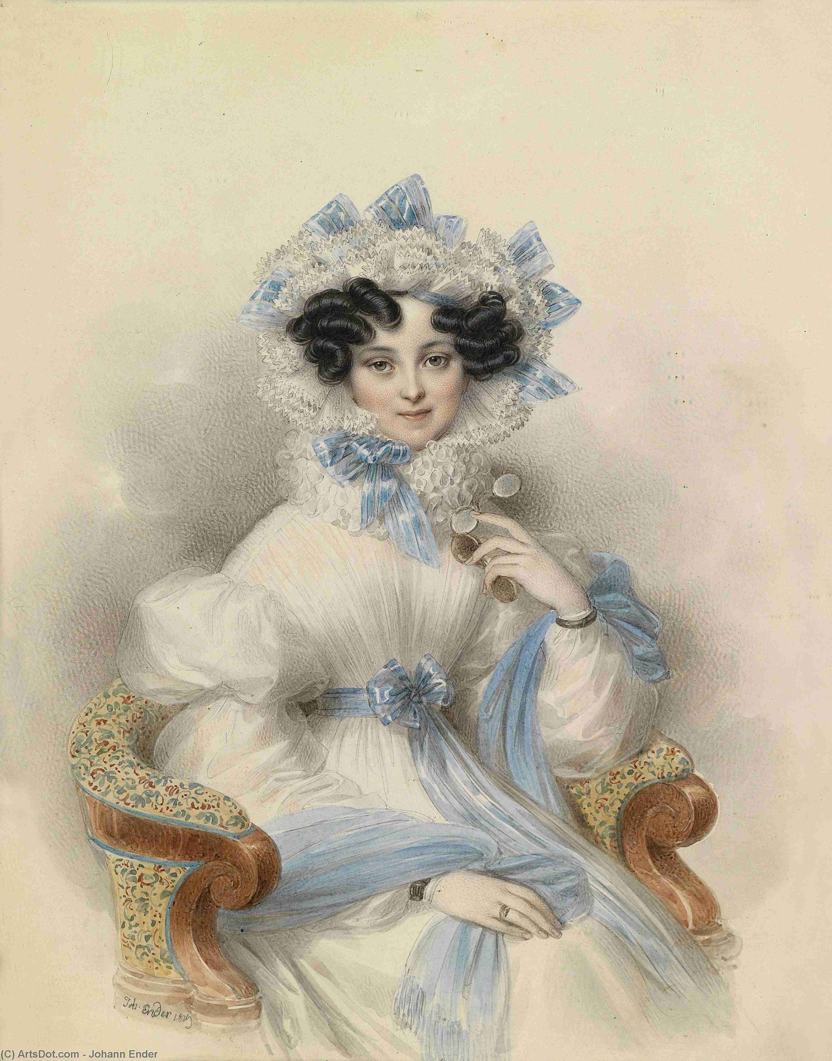 Portrait Of The Archduchess Henriette Of Austria Sitting In A White Dress With Blue Ribbons, In An Armchair — Johann Nepomuk Ender