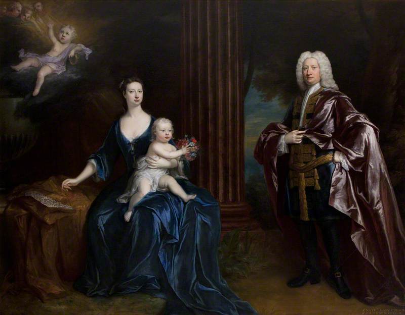 Sir Nathaniel Curzon (1676–1758), 4th Bt Curzon, With His Wife, Mary Assheton (1695–1776), Lady Curzon, And Their Son Nathaniel (1726–1804), Later Nathaniel Curzon, 1st Baron Scarsdale, With Their Dead Son John Curzon (1719–1720), In The Clouds Above — Jonathan Richardson Der Ältere