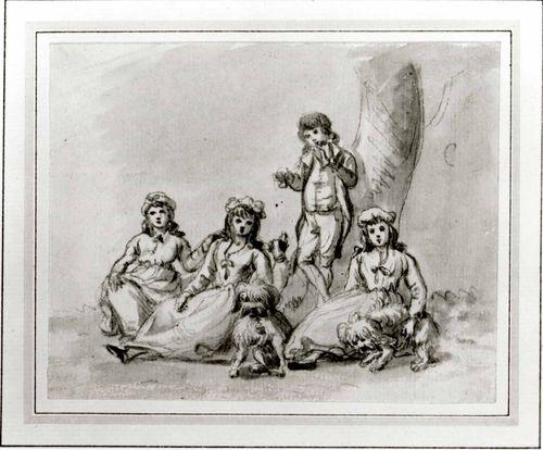 A Group Of Four Children, With Dogs — Paul Sandby