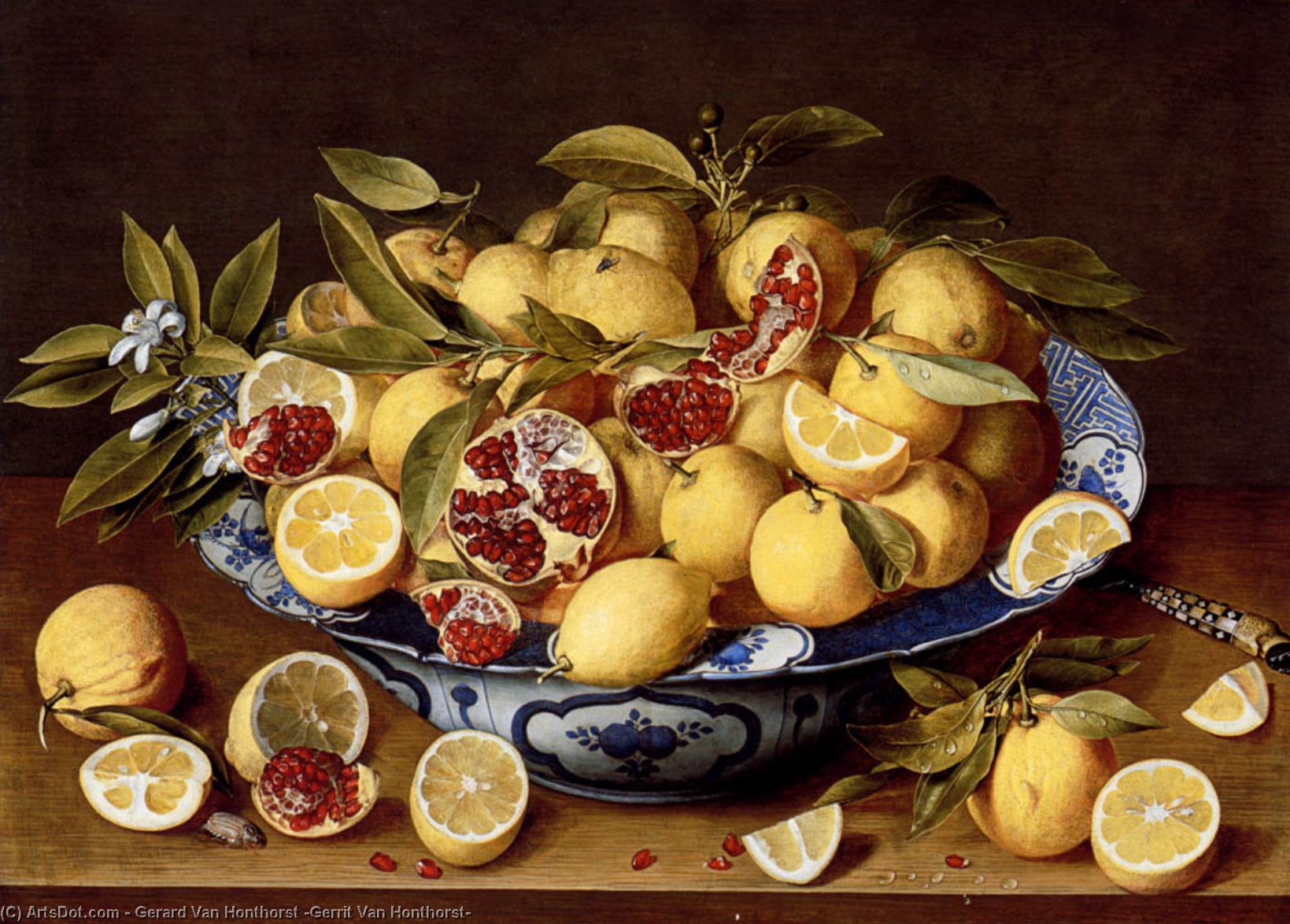 A Still Life Of A Wanli Kraak Porcelain Bowl Of Citrus Fruit And Pomegranates On A Wooden Table — ヘラルト・ファン・ホンストロード