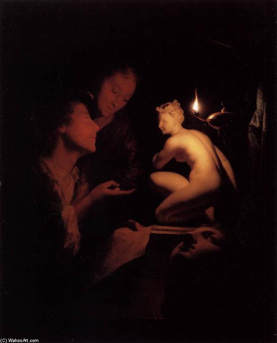 Artist And Model Looking At An Ancient Statue By Lamplight — Godfried Schalcken