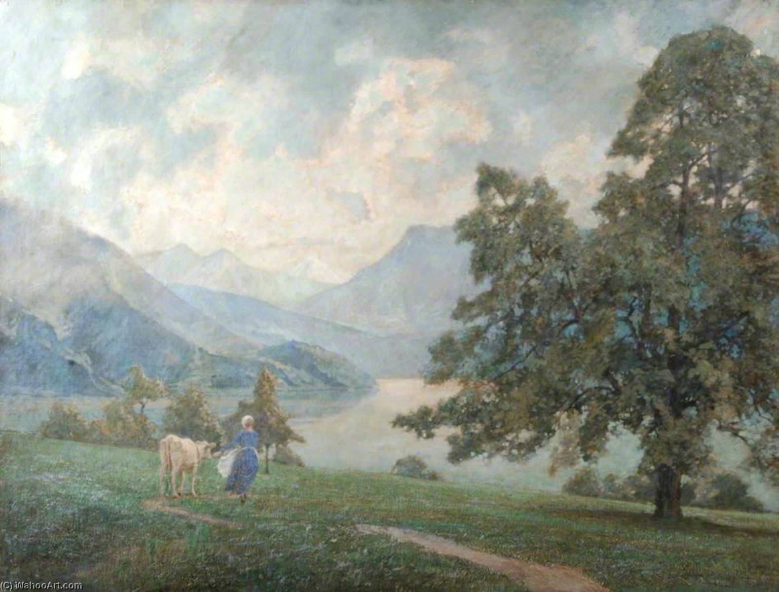 Milkmaid And Cow In Landscape — William Herbert Allen