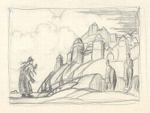 Sketch With Woman In Front Of City Walls — Nicholas Roerich