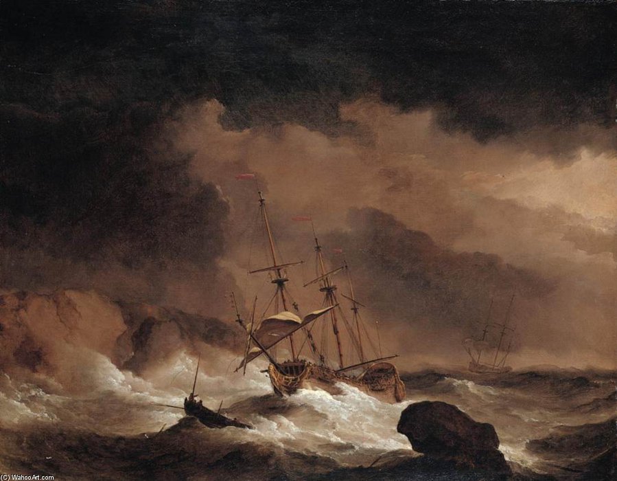 An Indiaman In A Gale Off A Rocky Coast — Willem Van De Velde El Anciano