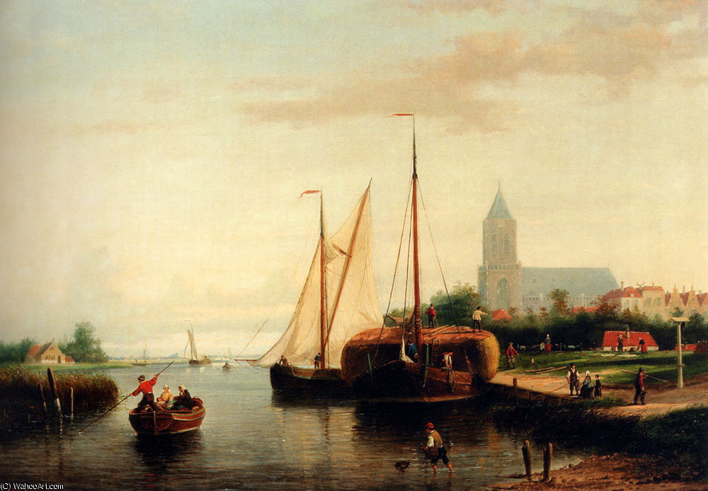 Johannes Frederik A Moored Haybarge And Other Shipping By A Bleach Field — Abraham Hulk Senior