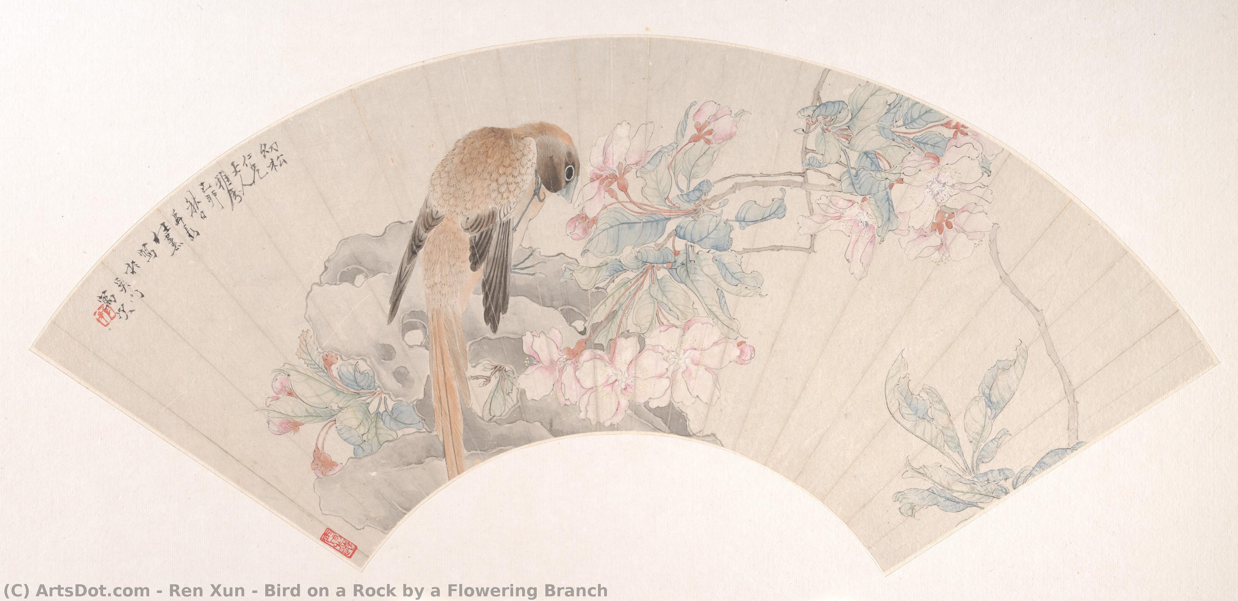 Bird On A Rock By A Flowering Branch — Ren Xun