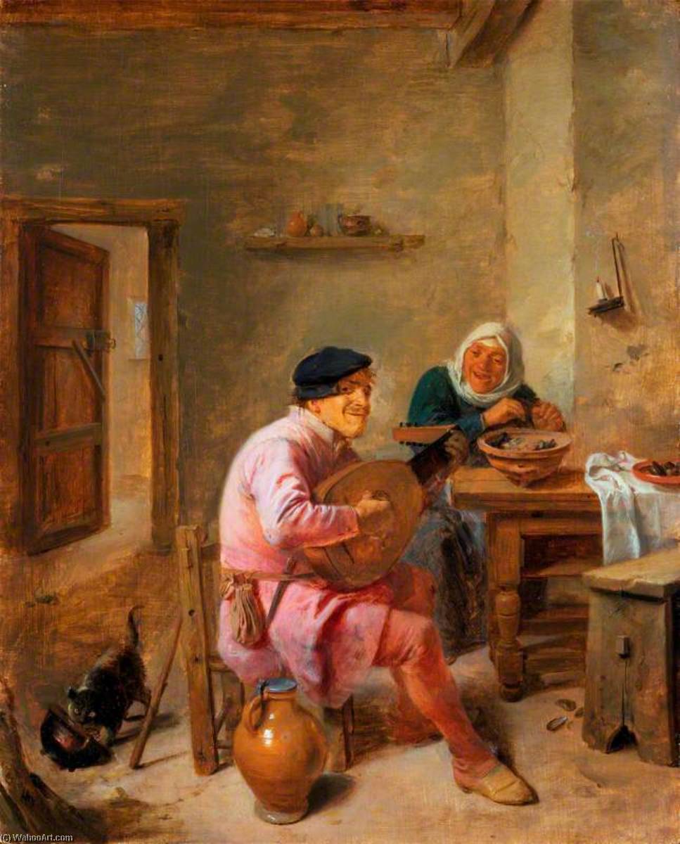 Interior Of A Room With Figures A Man Playing The Lute, And A Woman — Adriaen Brouwer
