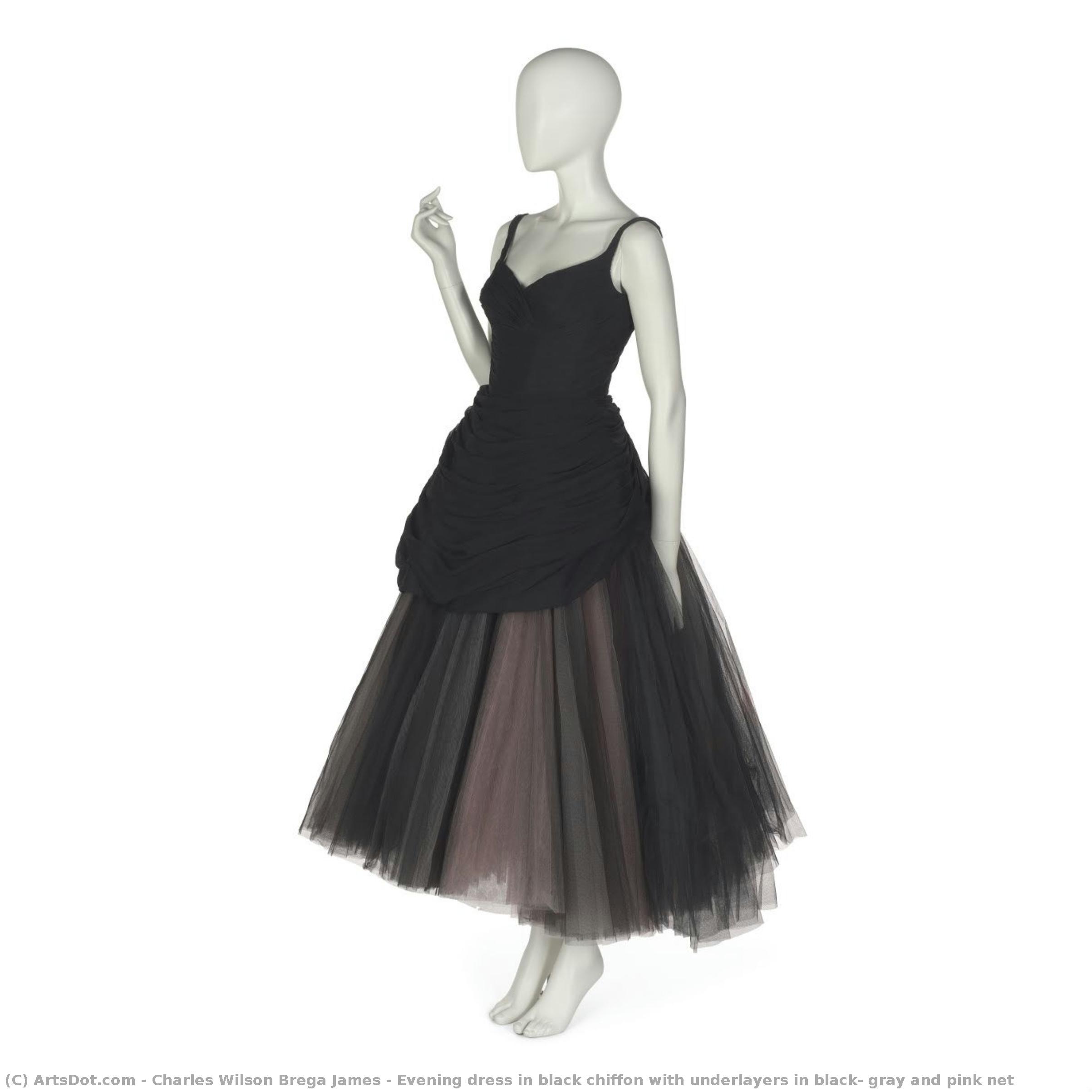 Evening Dress In Black Chiffon With Underlayers In Black, Gray And Pink Net — Charles Wilson Brega James
