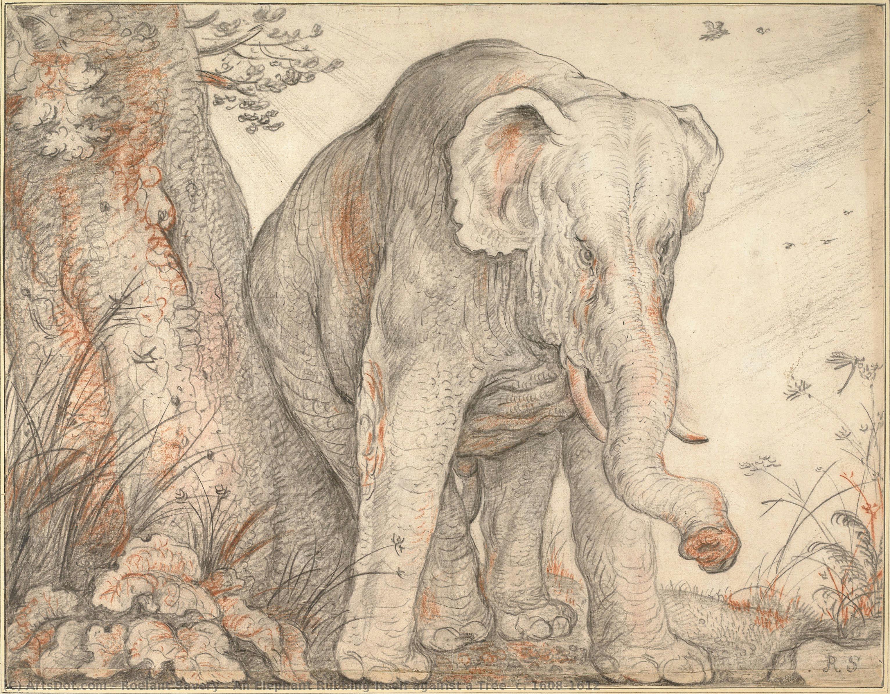 An Elephant Rubbing Itself Against A Tree, C. 1608-1612 — Roelant Savery