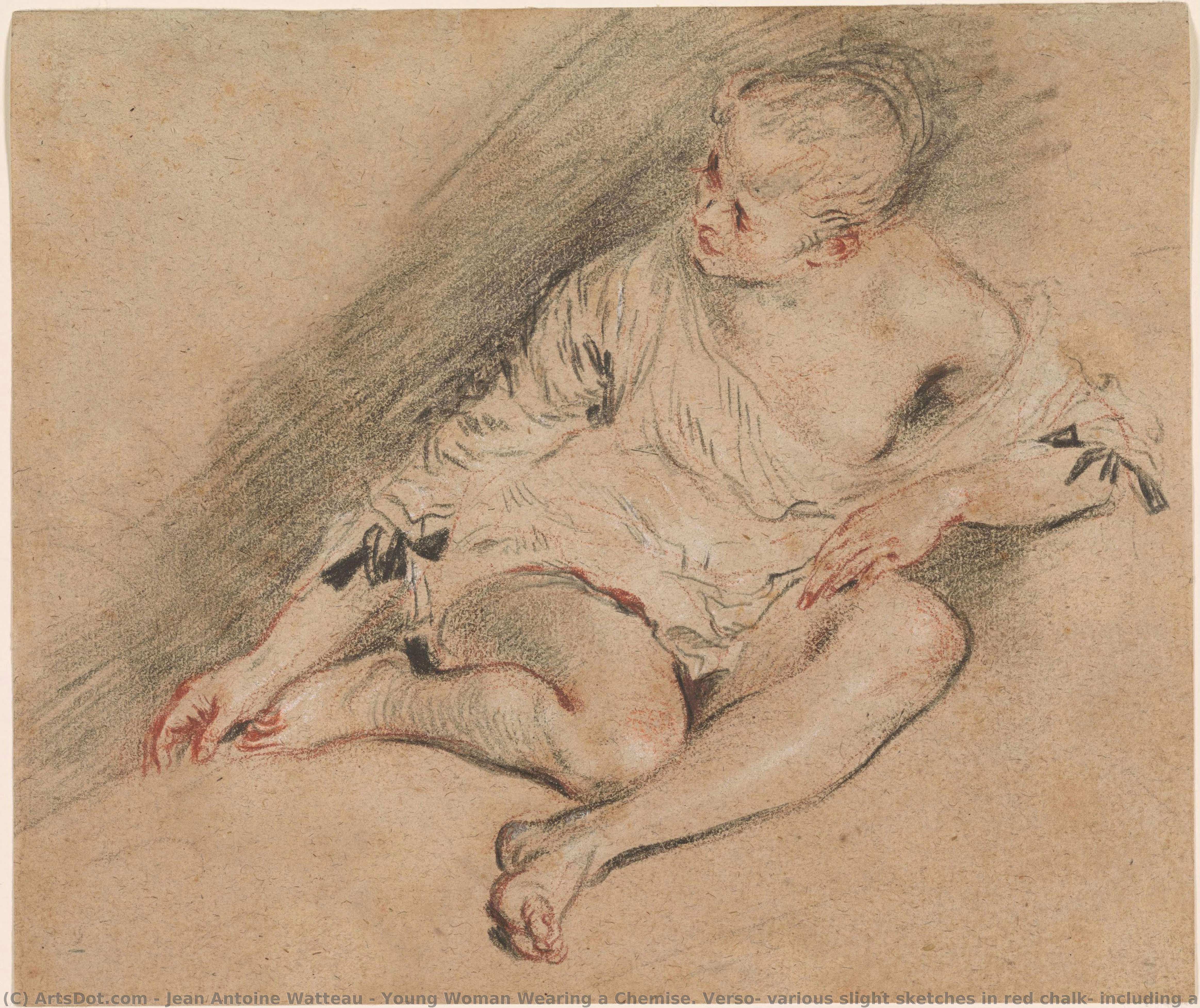 Joven Mujer Con Camisa. Verso: Varios Pequeños Bocetos En Carboncillo Rojo, Incluyendo Un Dibujo De Un Pie. — Jean-antoine Watteau