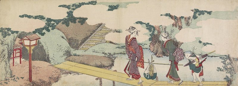 Two Women And A Boy On Boardwalk — Katsushika Hokusai